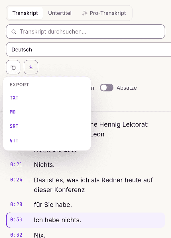 Exportmenü der Transkription: TXT, Markdown, SRT und VTT