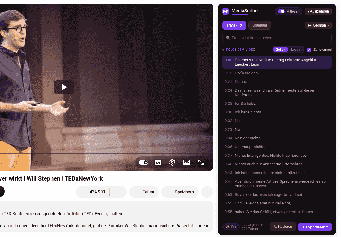 MediaScribe-Panel verwandelt YouTube-Videos in sauberen Text mit Zeitstempeln