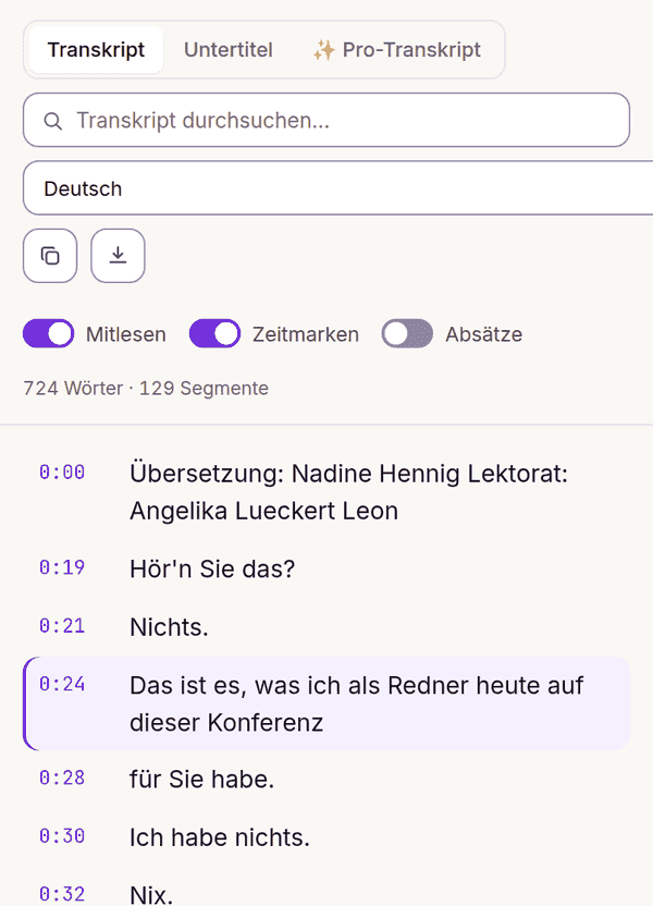 Synchroner Lesemodus hebt die aktive Zeile der Transkription hervor