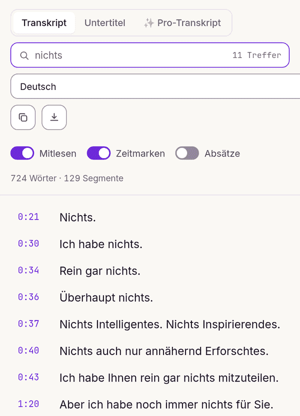 Volltextsuche in der gesamten Video-Transkription
