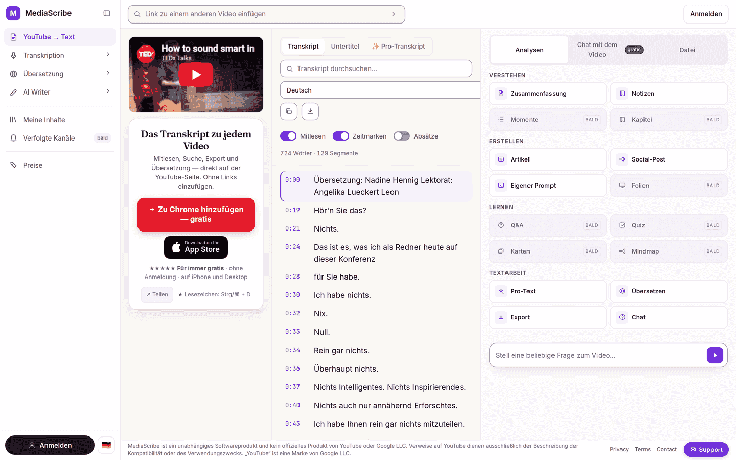 MediaScribe-Website: Transkript eines YouTube-Videos mit Zeitstempeln und KI-Analysen