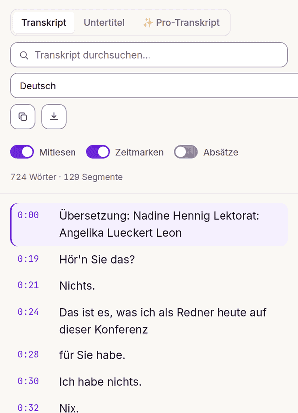 Übersetzung der YouTube-Transkription in eine andere Sprache