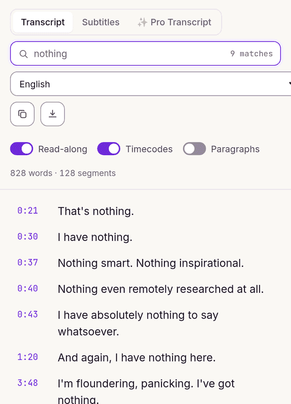 Pencarian kata di seluruh transkrip video