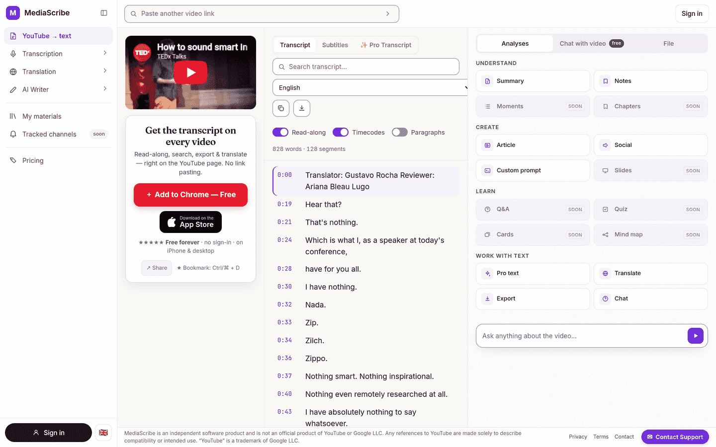 Situs MediaScribe: transkrip video YouTube dengan stempel waktu dan panel analisis AI