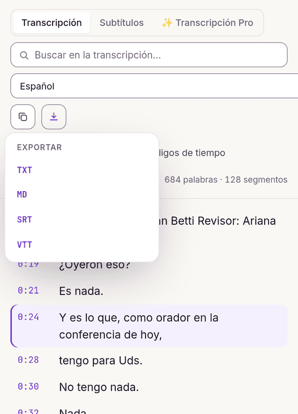 Menú de exportación de la transcripción: TXT, Markdown, SRT y VTT