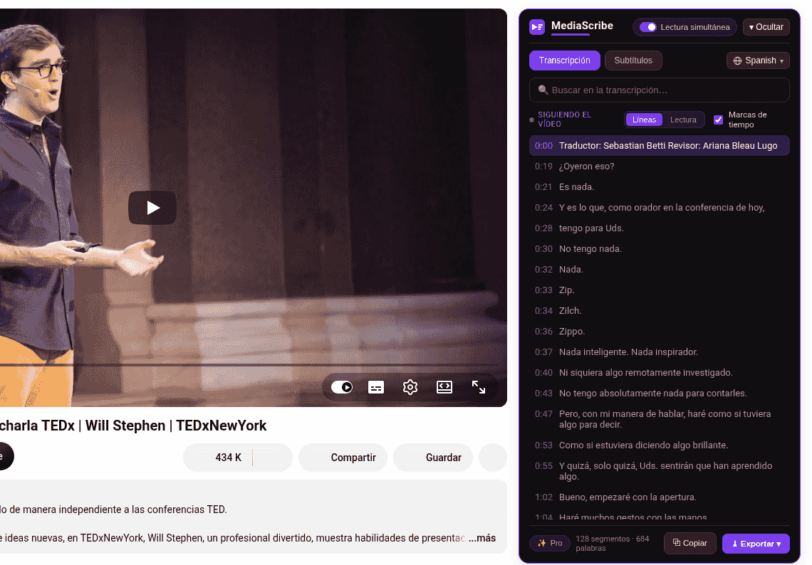 Panel de MediaScribe convierte vídeos de YouTube en texto limpio con marcas de tiempo