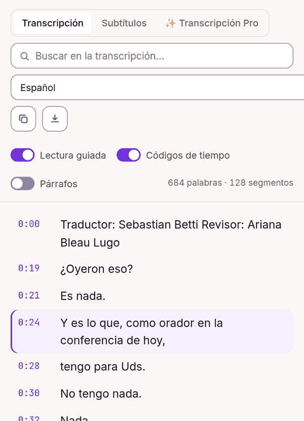 Modo de lectura simultánea resaltando la línea activa de la transcripción