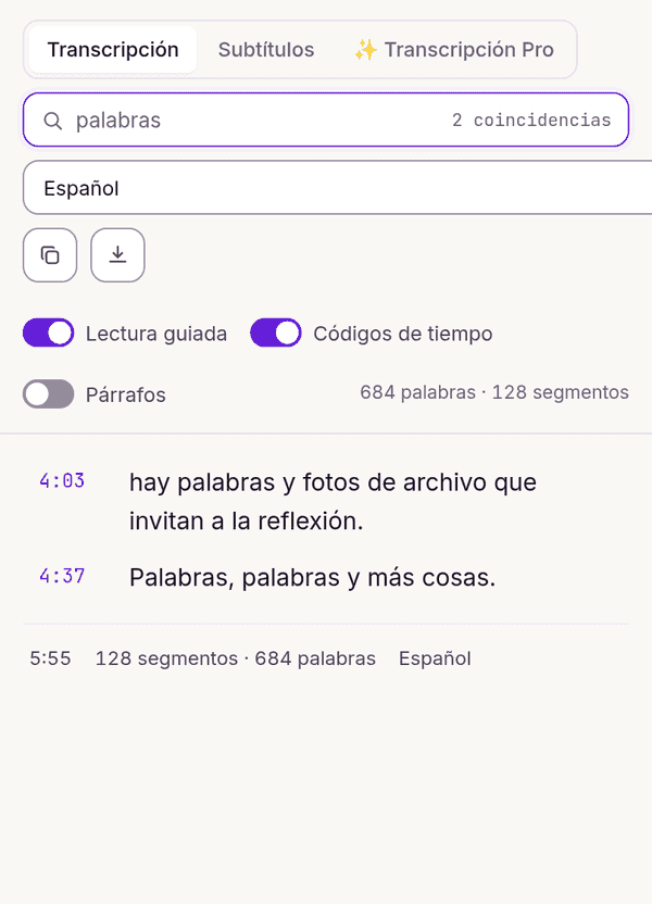 Búsqueda en toda la transcripción del vídeo