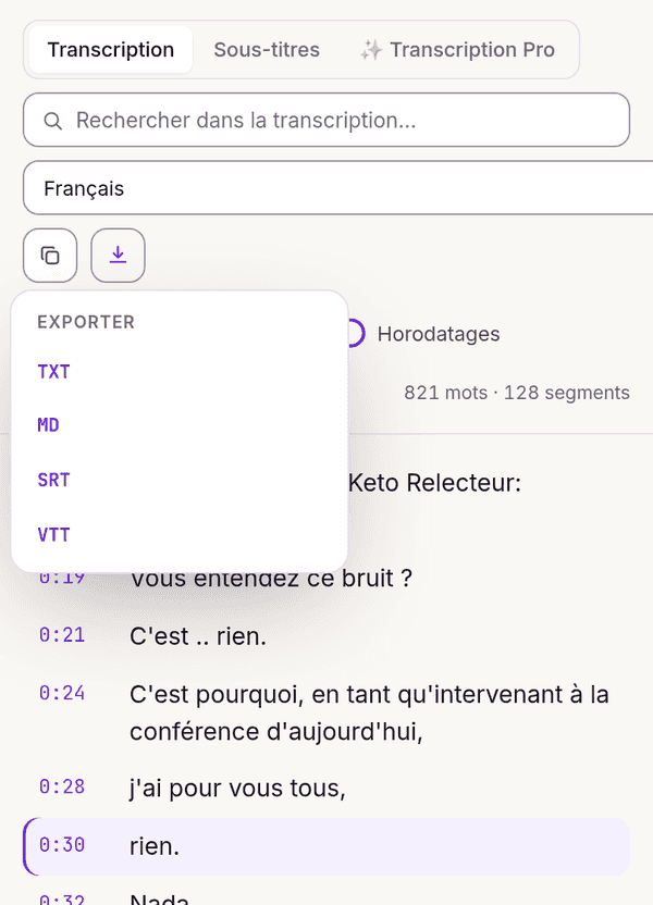 Menu d’export de la transcription : TXT, Markdown, SRT et VTT