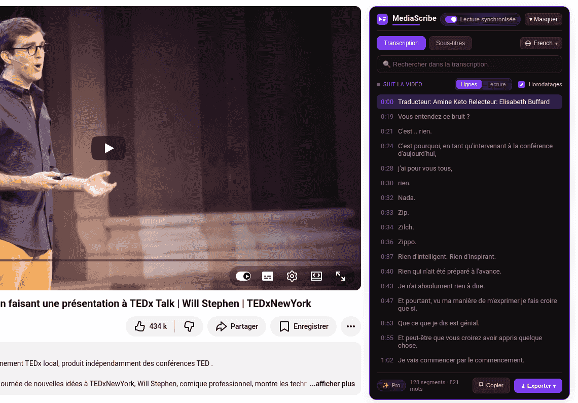 Le panneau MediaScribe transforme les vidéos YouTube en texte propre avec horodatage
