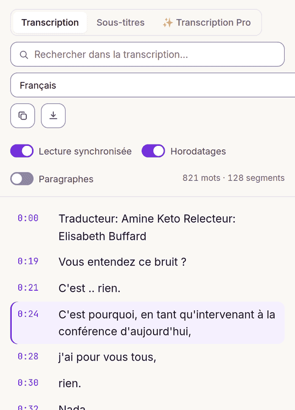 Mode de lecture simultanée mettant en surbrillance la ligne active de la transcription