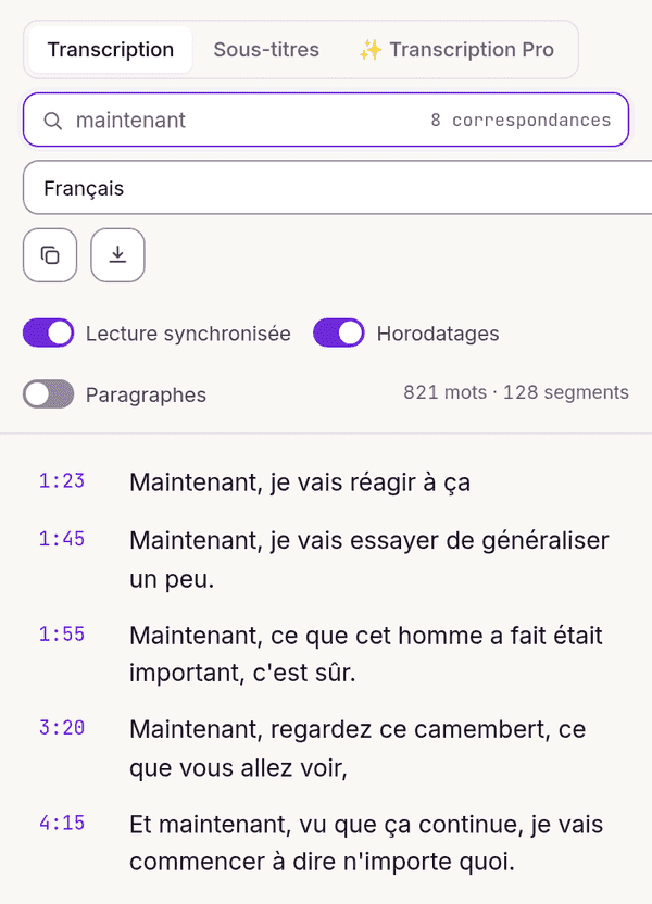 Recherche dans toute la transcription de la vidéo