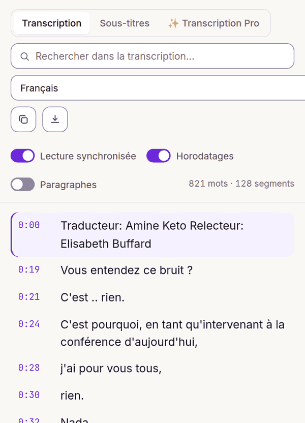 Traduction de la transcription YouTube dans une autre langue