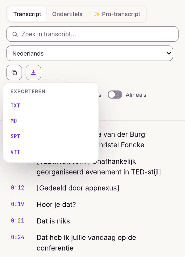 Exportmenu van de transcriptie: TXT, Markdown, SRT en VTT