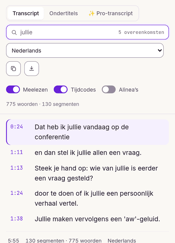 Zoeken door de volledige transcriptie van de video