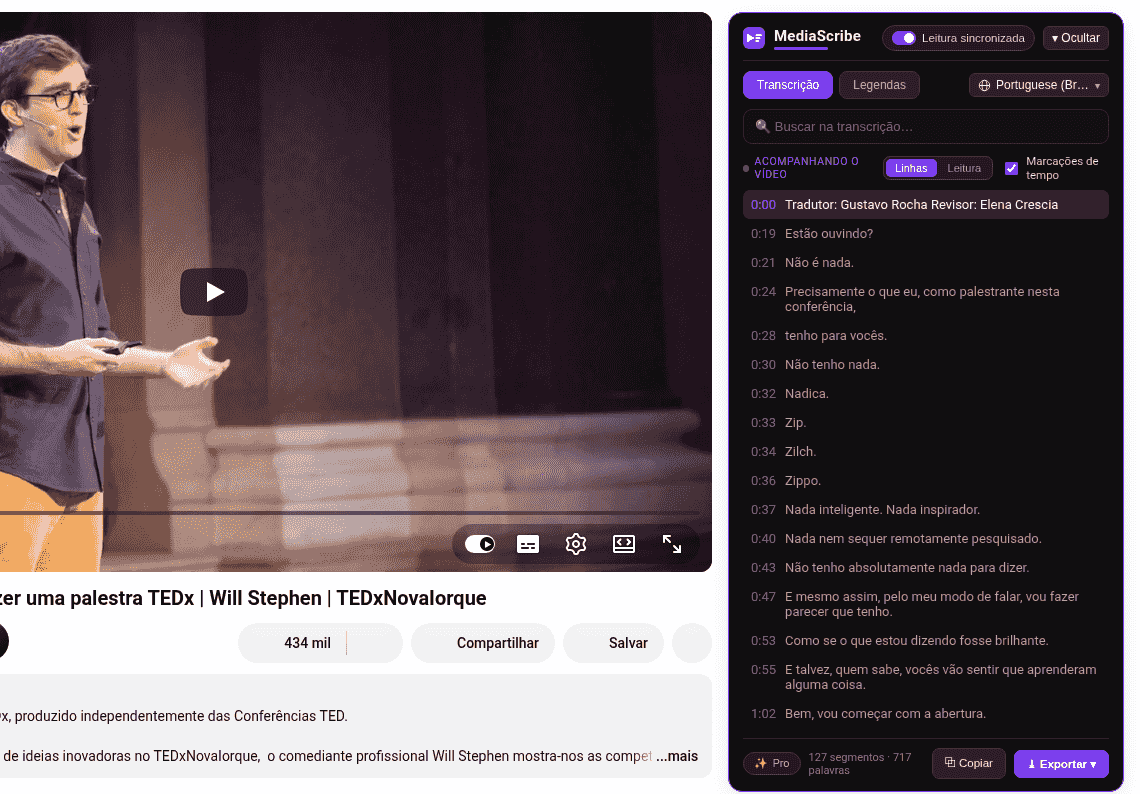Painel do MediaScribe transforma vídeos do YouTube em texto limpo com timestamps