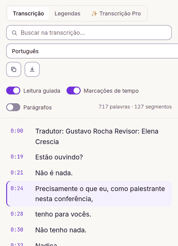 Modo de leitura sincronizada destacando a linha ativa da transcrição