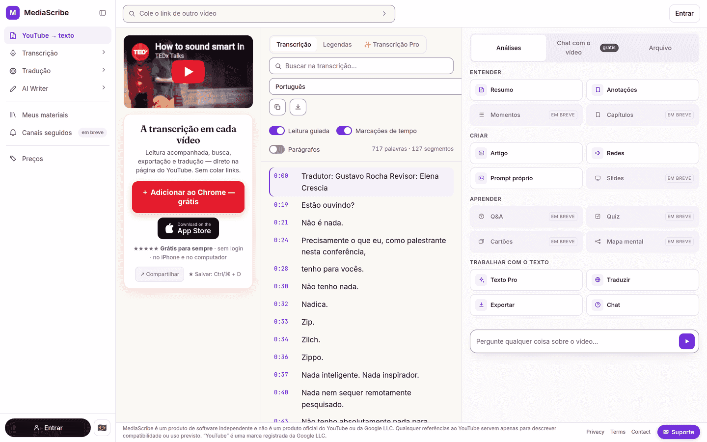 Site do MediaScribe: transcrição de vídeo do YouTube com timestamps e análises com IA