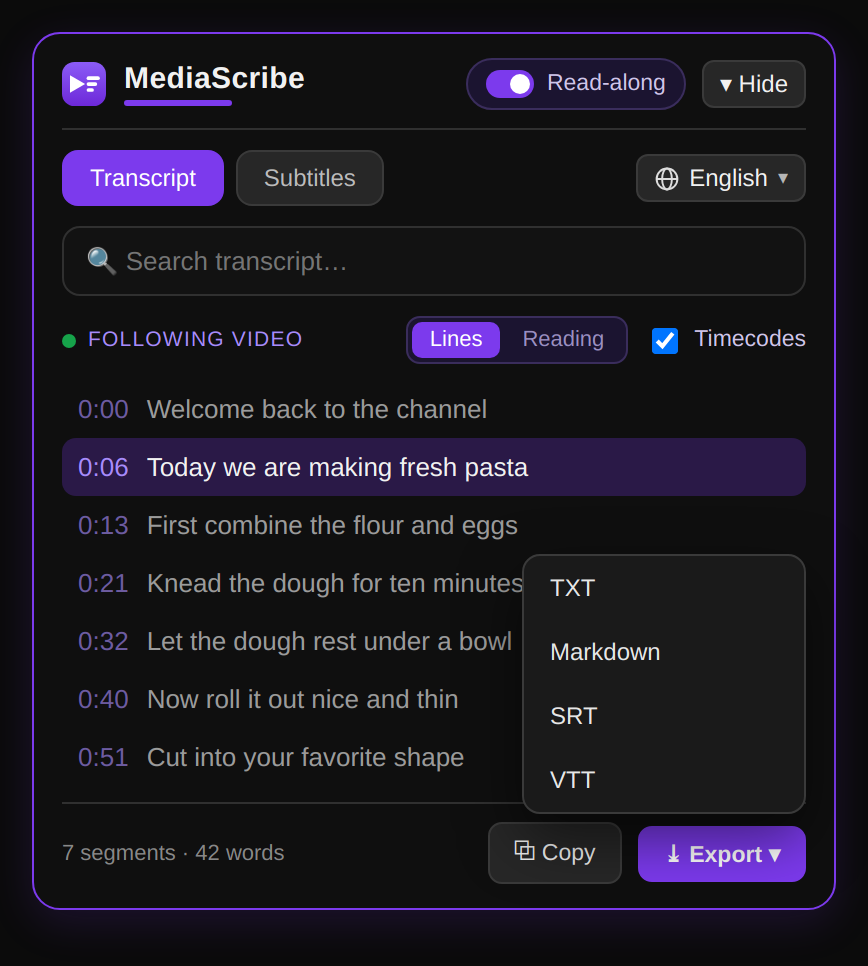 Exporting the transcript to TXT, Markdown, SRT, VTT