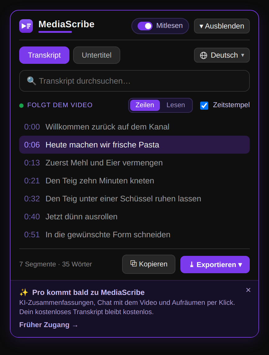 MediaScribe-Panel verwandelt YouTube-Videos in sauberen Text mit Zeitstempeln