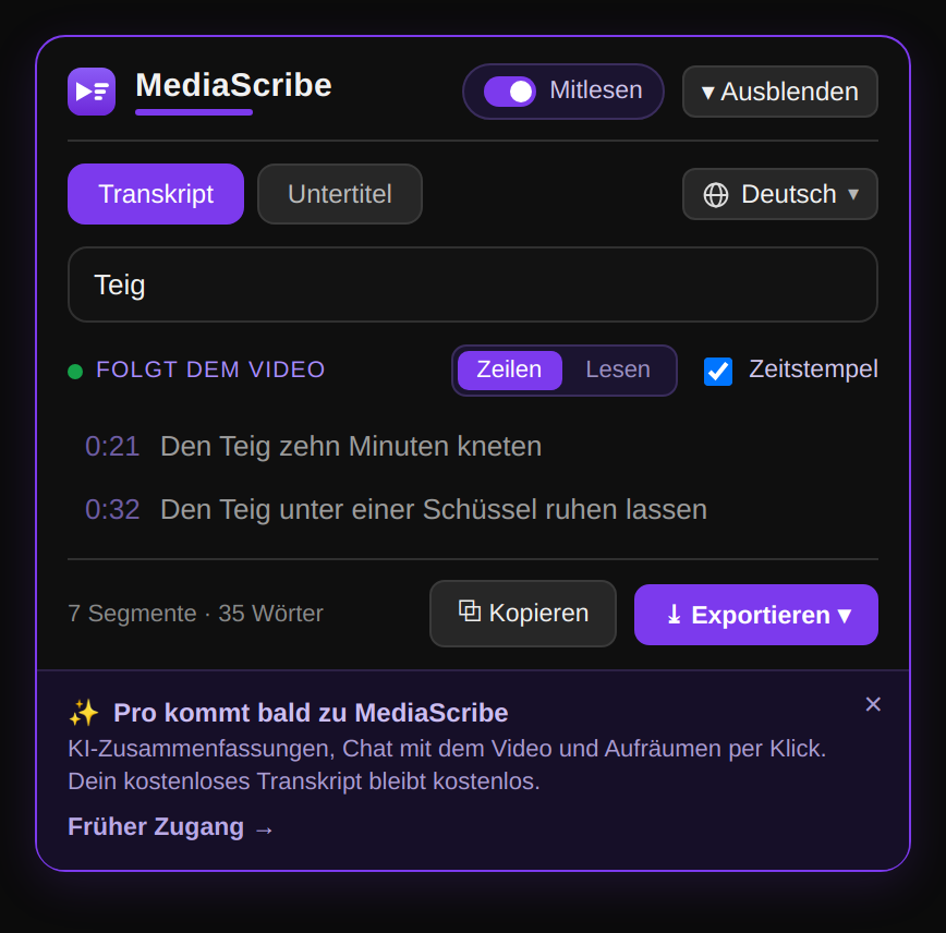 Volltextsuche in der gesamten Video-Transkription