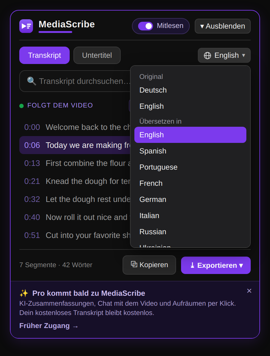 Übersetzung der YouTube-Transkription in eine andere Sprache