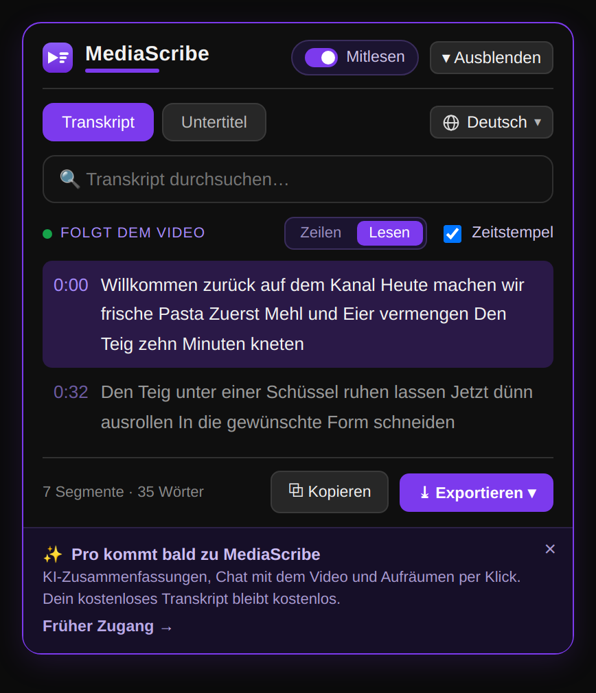 Synchroner Lesemodus hebt die aktive Zeile der Transkription hervor