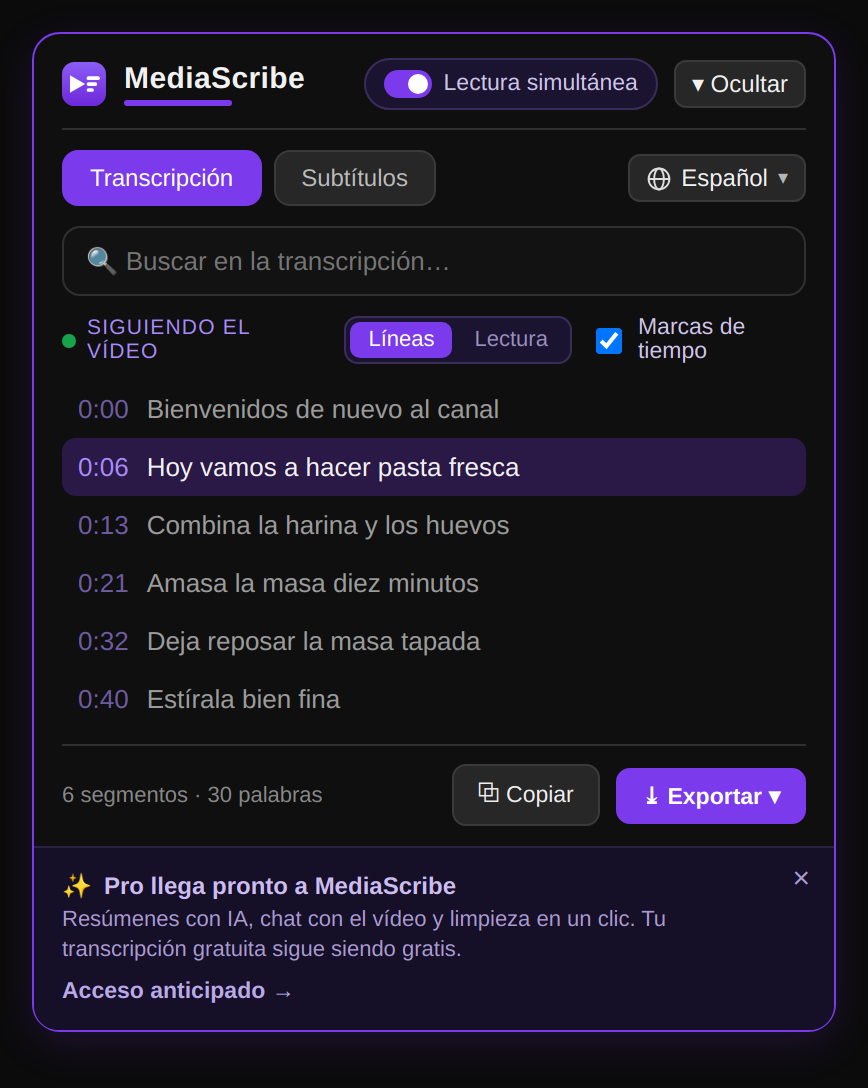 Panel de MediaScribe convierte vídeos de YouTube en texto limpio con marcas de tiempo