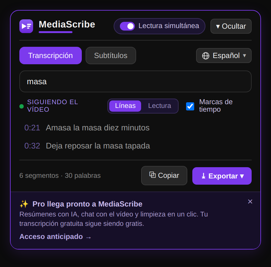Búsqueda en toda la transcripción del vídeo
