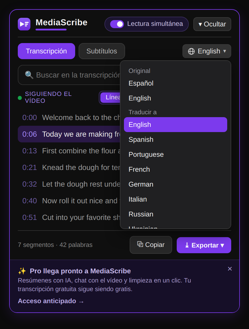 Traducción de la transcripción de YouTube a otro idioma