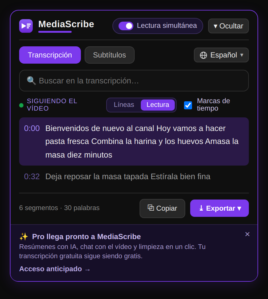 Modo de lectura simultánea resaltando la línea activa de la transcripción