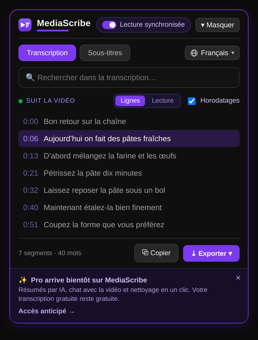Le panneau MediaScribe transforme les vidéos YouTube en texte propre avec horodatage