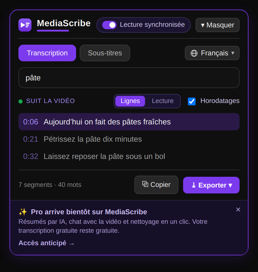 Recherche dans toute la transcription de la vidéo