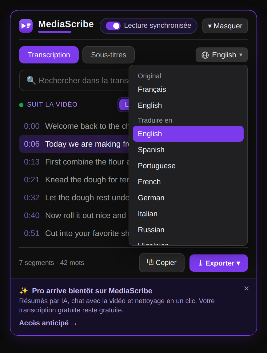 Traduction de la transcription YouTube dans une autre langue