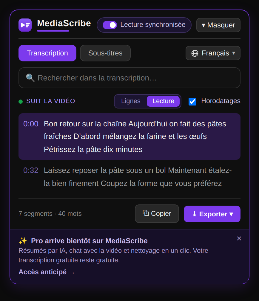 Mode de lecture simultanée mettant en surbrillance la ligne active de la transcription