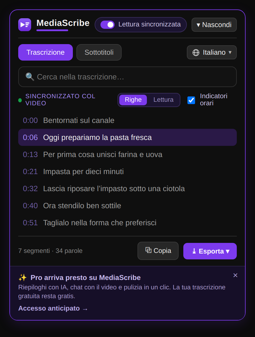 Il pannello di MediaScribe converte i video YouTube in testo pulito con timestamp