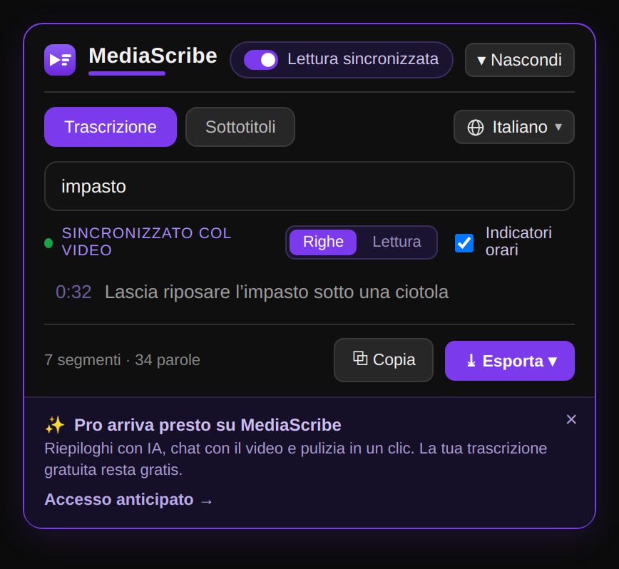 Ricerca in tutta la trascrizione del video