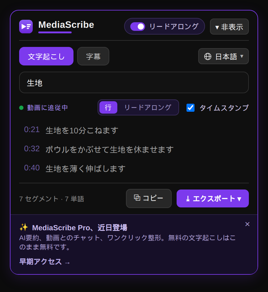 動画の文字起こし全体をキーワード検索