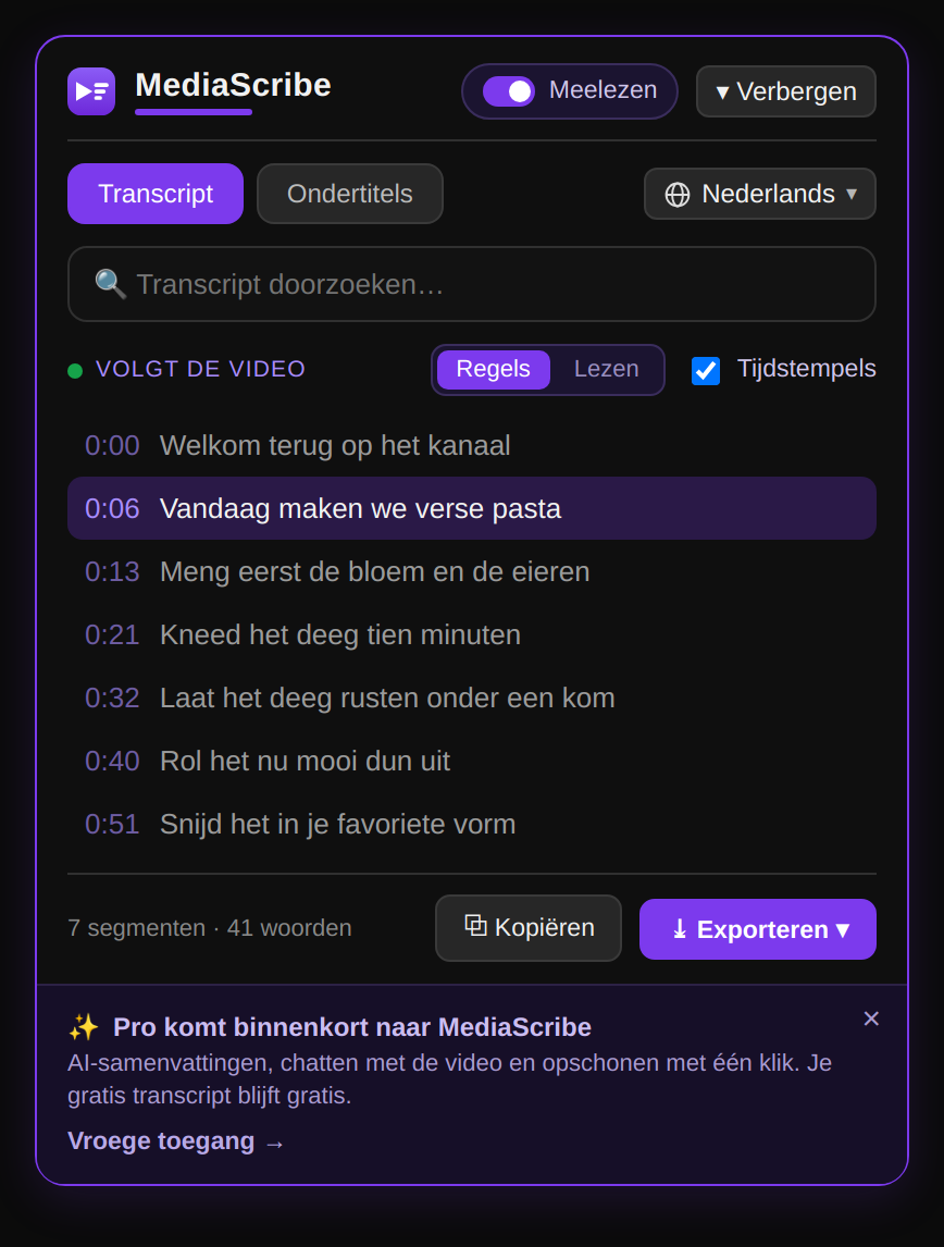 MediaScribe-paneel zet YouTube-video's om in schone tekst met tijdstempels