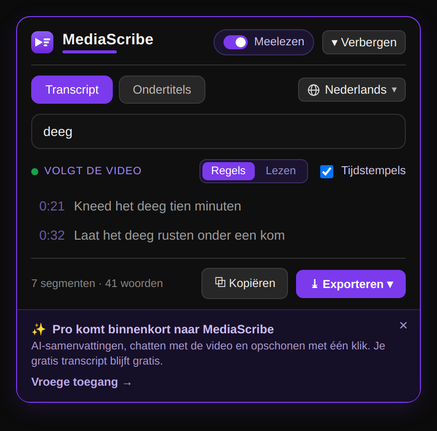 Zoeken door de volledige transcriptie van de video