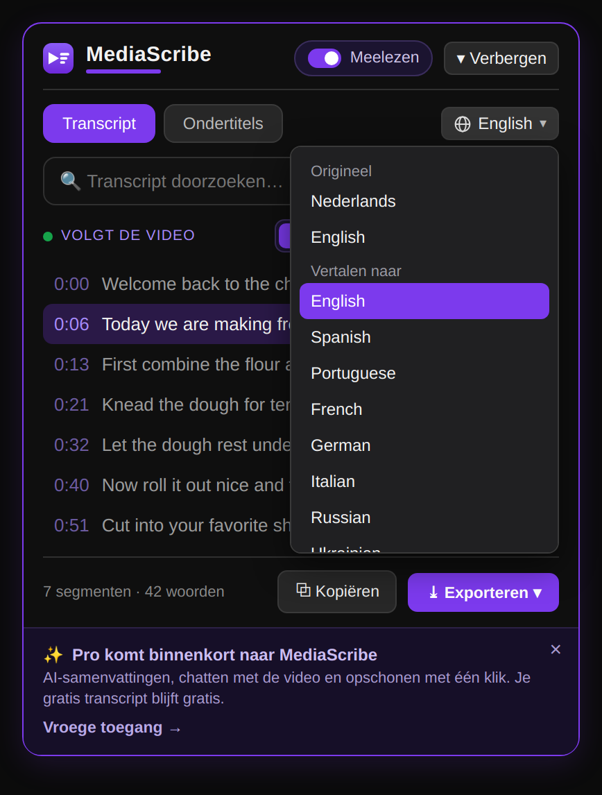 Vertaling van de YouTube-transcriptie naar een andere taal