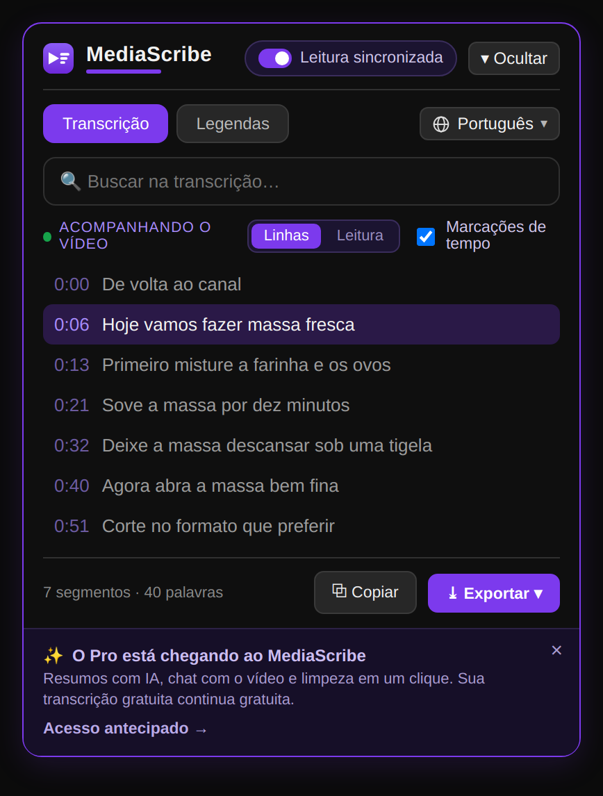 Painel do MediaScribe transforma vídeos do YouTube em texto limpo com timestamps