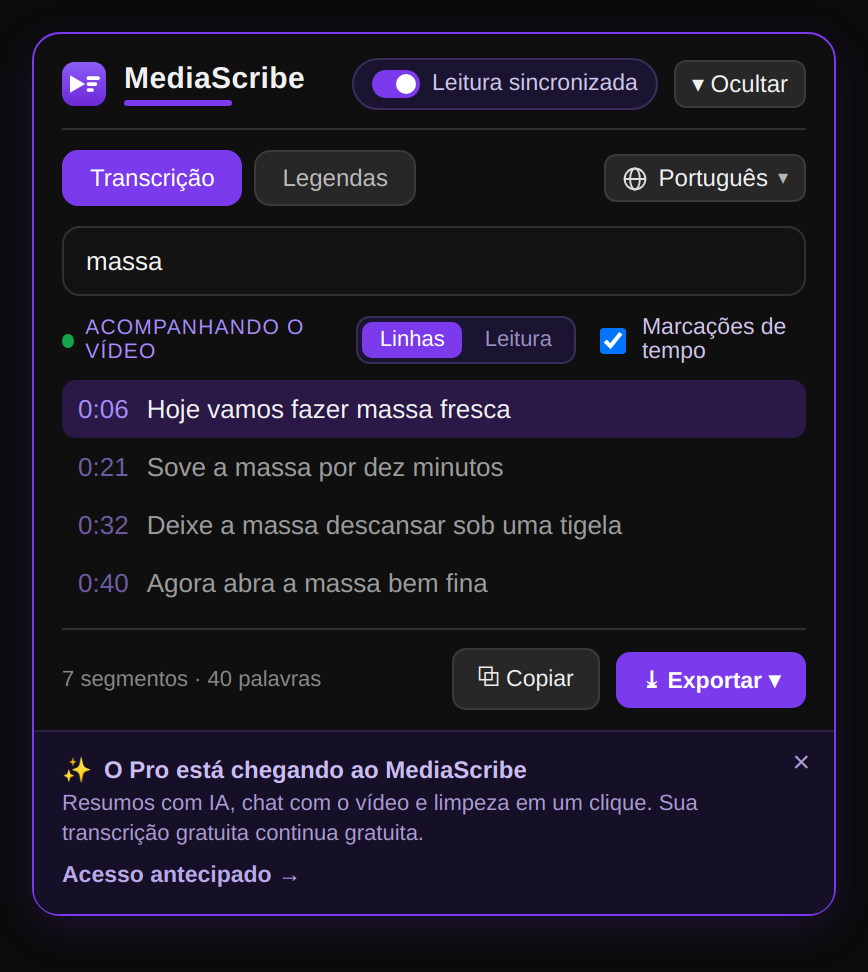 Busca em toda a transcrição do vídeo