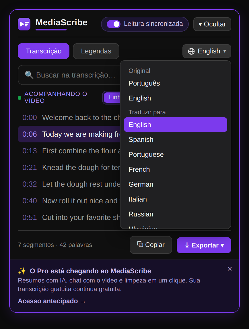 Tradução da transcrição do YouTube para outro idioma