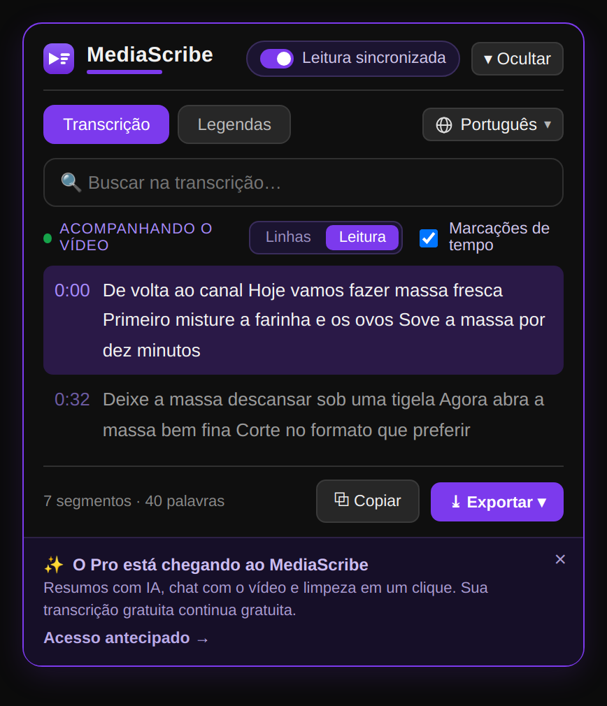 Modo de leitura sincronizada destacando a linha ativa da transcrição